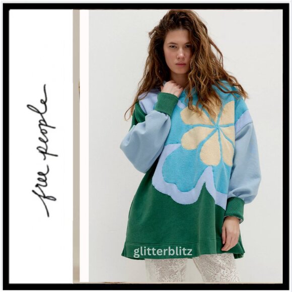 NWT Free People Clover Sweatshirt in Green Combo - XS - Picture 1 of 4